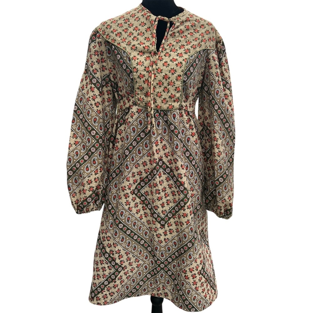 Vintage Joseph Magnin Floral Paisley Prairie Mini Dress Tie Front Boho 70s Tan